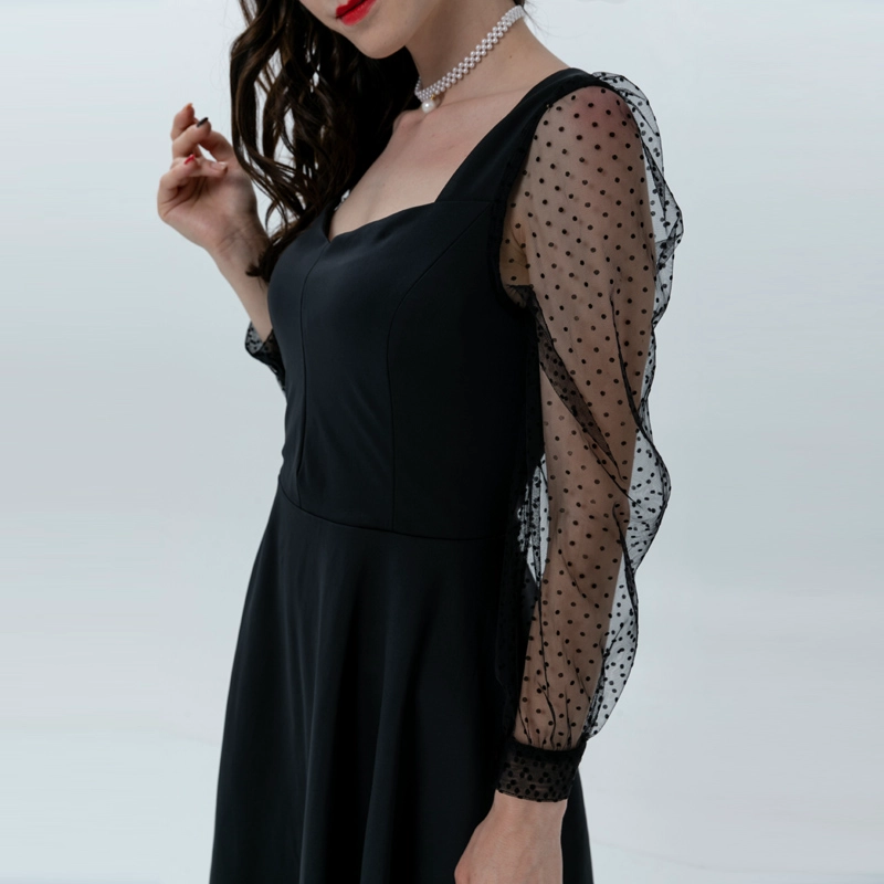 자카드 메시 소매를 가진 숙녀 정연한 목 복장