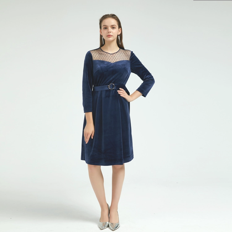 China Velvet Ladies Dress Trimmed with Mesh China ODM manufacturer