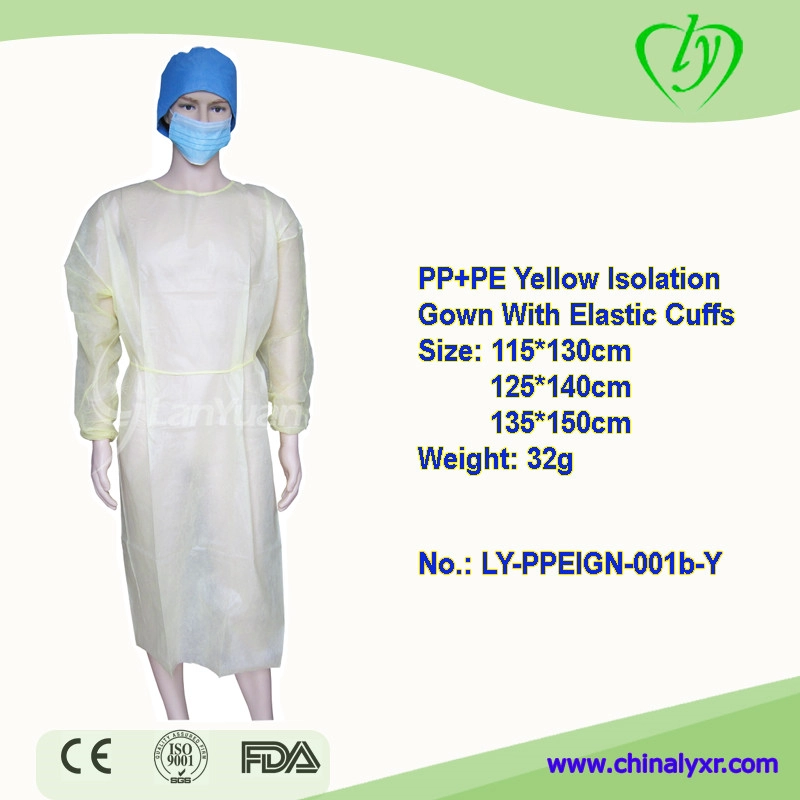 Disposable pp+pe Isolation Gown Yellow Color With Elastic Cuffs