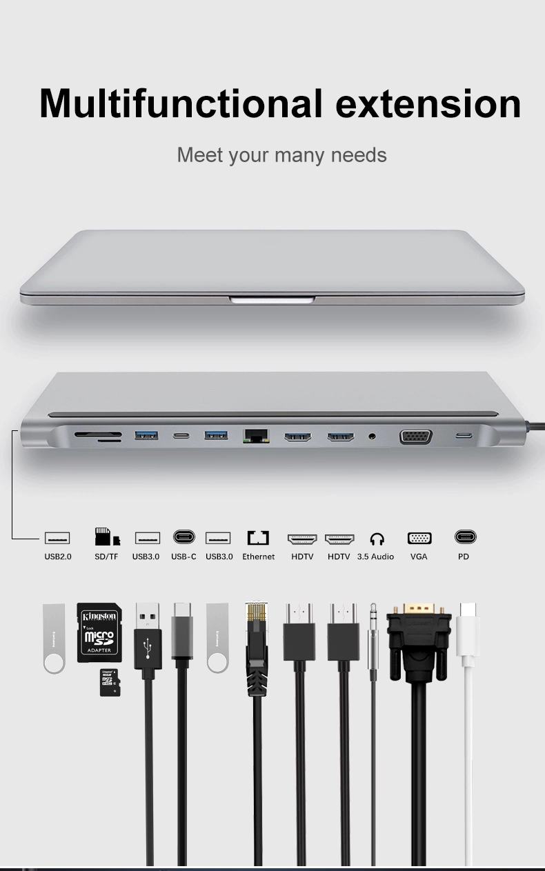 12 in 1 Type c hub Dock to RJ45 with 3.0 USB SD/TF Card Reader Dual 4K RJ45 VGA USB Splitter Multi HUB USB-C HUB