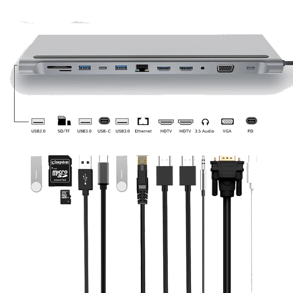 12 in 1 Type c hub Dock to RJ45 with 3.0 USB SD/TF Card Reader Dual 4K RJ45 VGA USB Splitter Multi HUB USB-C HUB