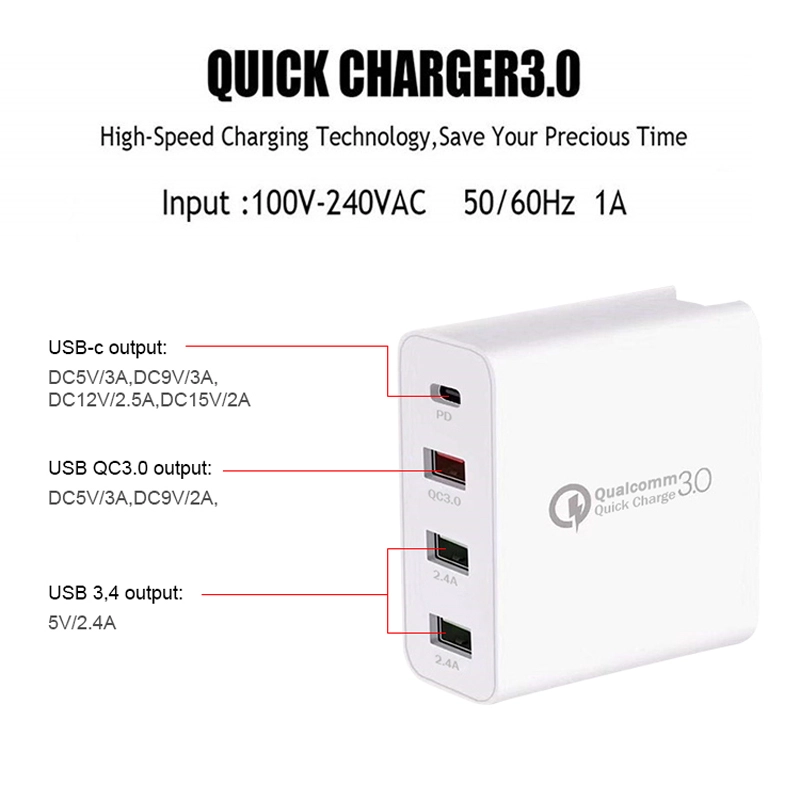 E-sun 48W PD Charger QC 3.0 Wall Charger 4 Port Universal Travel Adapter UK US EU Plug