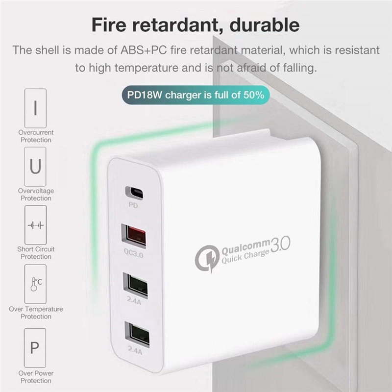 E-sun 48W PD Charger QC 3.0 Wall Charger 4 Port Universal Travel Adapter UK US EU Plug