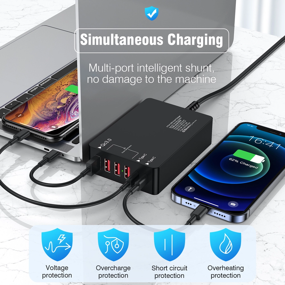 E-sun 60W Multi Port Charging Station 6 Port USB Type-C PD Charger QC3.0 Fast Charger For Laptop Smart Phone Tablet