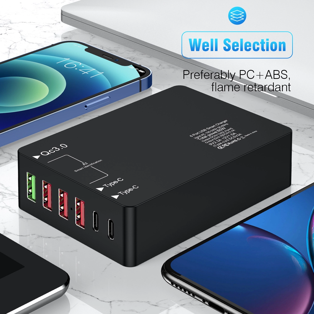 E-sun 60W Multi Port Charging Station 6 Port USB Type-C PD Charger QC3.0 Fast Charger For Laptop Smart Phone Tablet