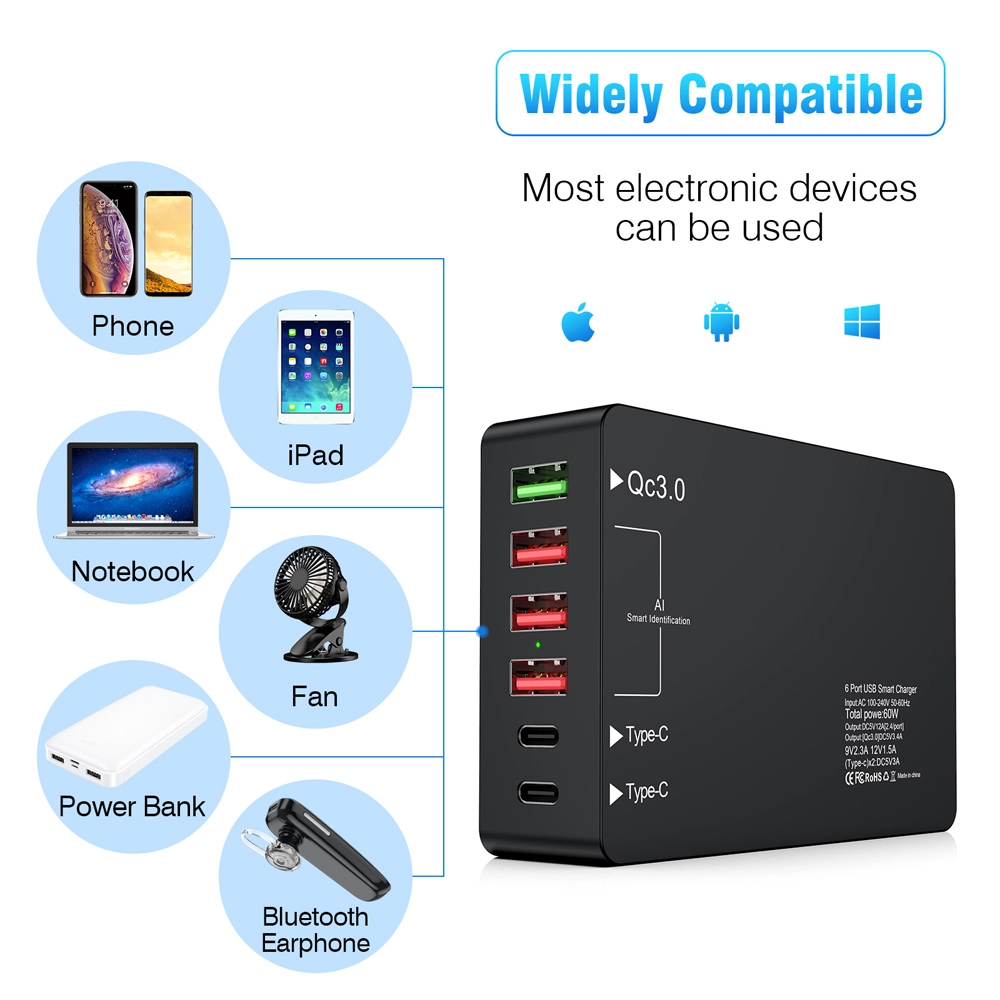 E-sun 60W Multi Port Charging Station 6 Port USB Type-C PD Charger QC3.0 Fast Charger For Laptop Smart Phone Tablet