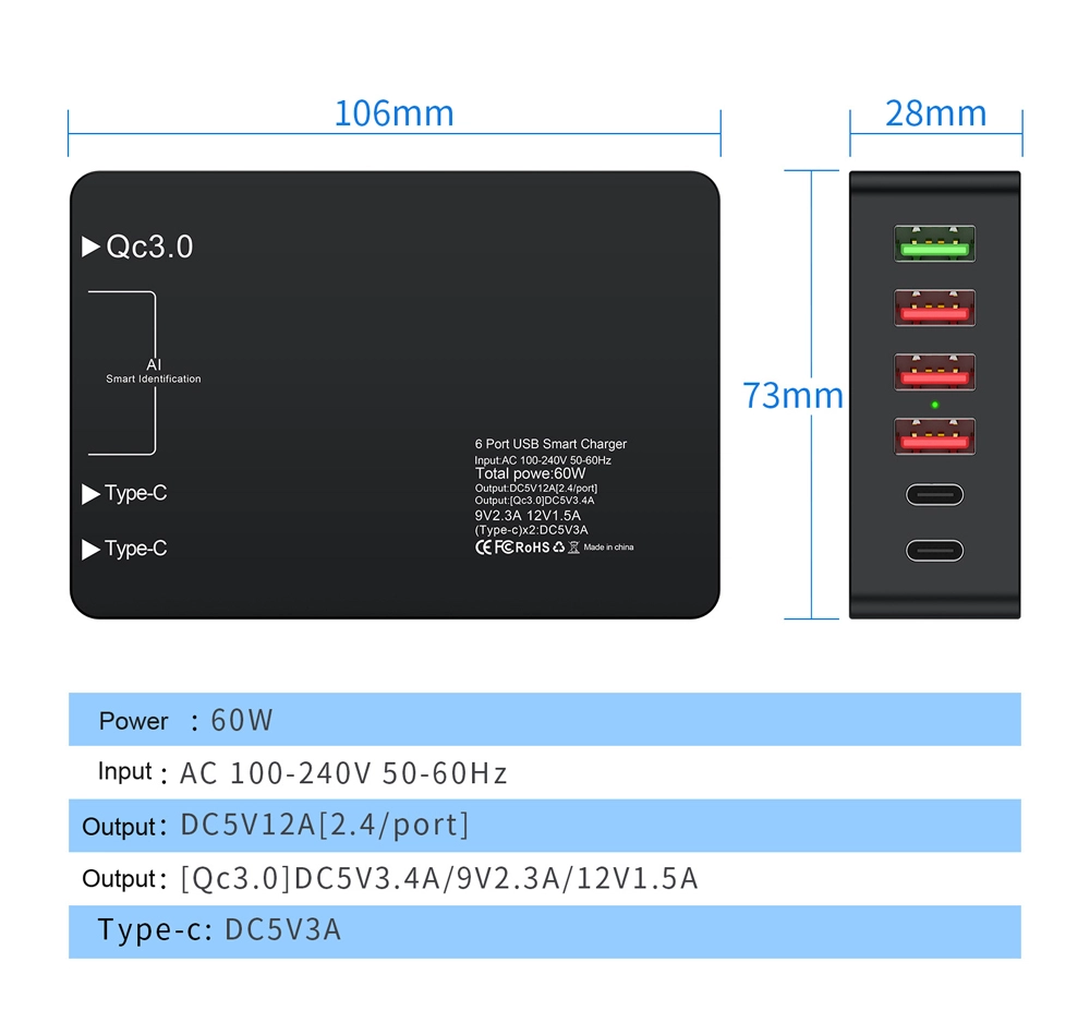 E-sun 60W Multi Port Charging Station 6 Port USB Type-C PD Charger QC3.0 Fast Charger For Laptop Smart Phone Tablet