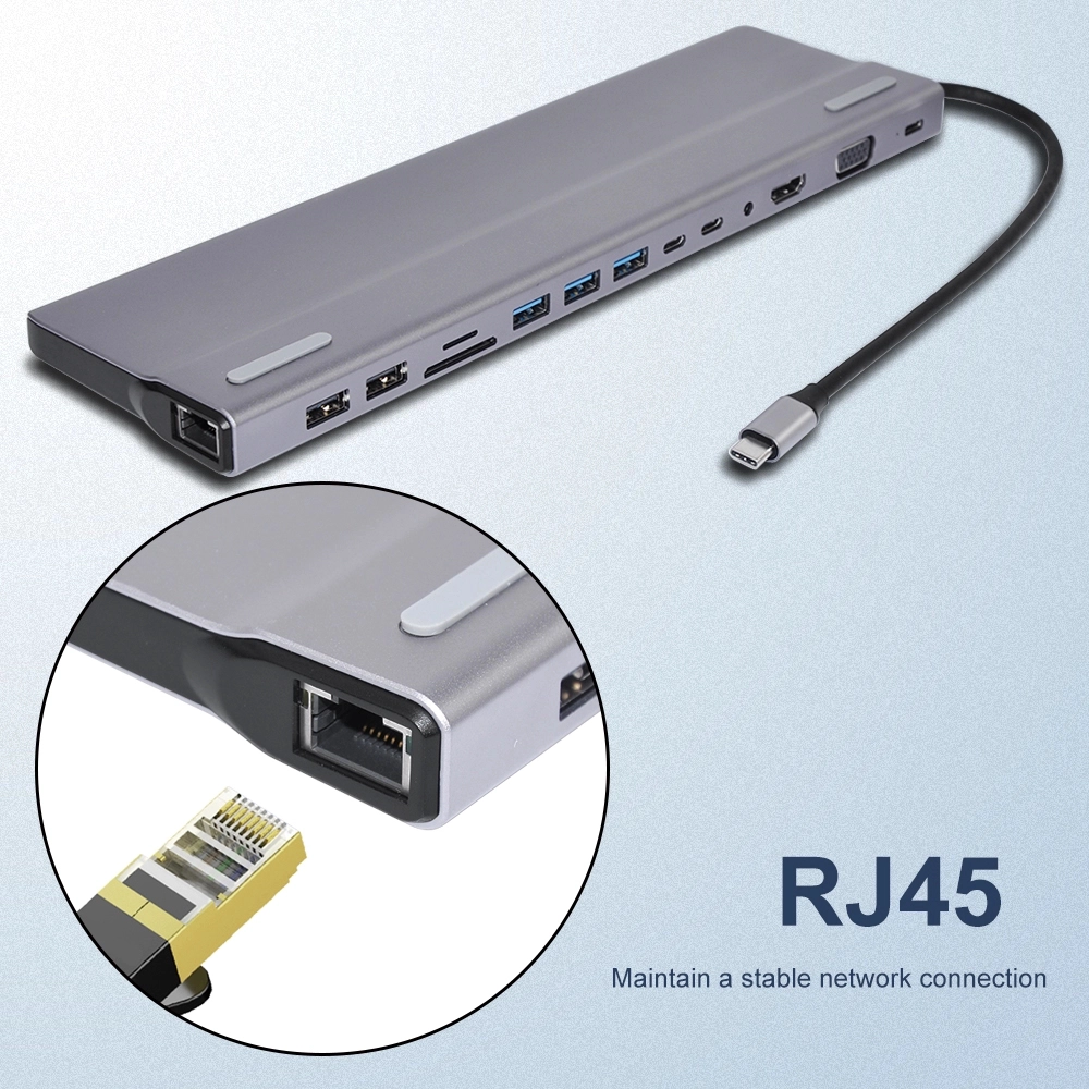E-Sun 14-in-1-USB-C-Hub-Docking-Adapter Typ C an UHD VGA RJ45 USB 3.0-Anschlüsse SD / TF-Kartenleser USB-C-Stromversorgung für Laptops