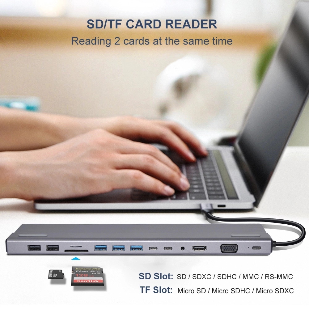 E-Sun 14-in-1-USB-C-Hub-Docking-Adapter Typ C an UHD VGA RJ45 USB 3.0-Anschlüsse SD / TF-Kartenleser USB-C-Stromversorgung für Laptops
