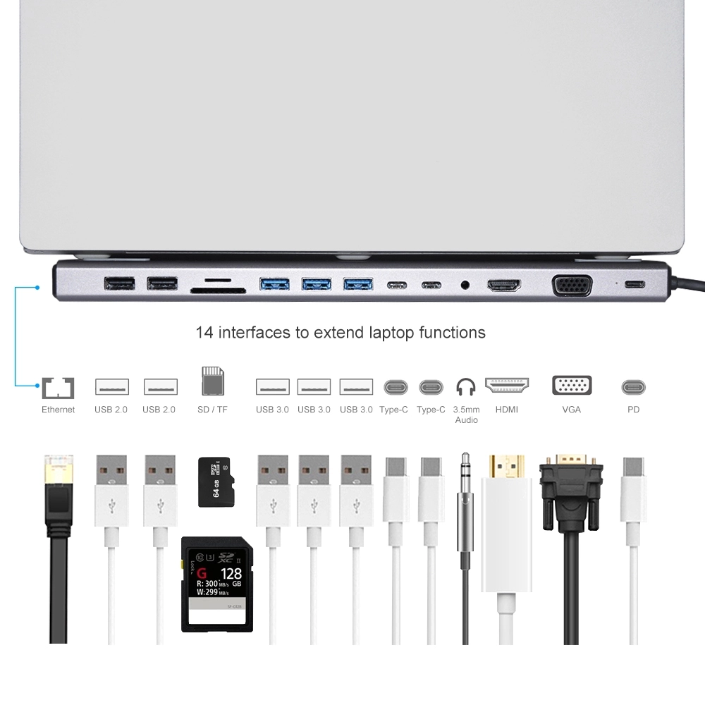 E-Sun 14-in-1-USB-C-Hub-Docking-Adapter Typ C an UHD VGA RJ45 USB 3.0-Anschlüsse SD / TF-Kartenleser USB-C-Stromversorgung für Laptops