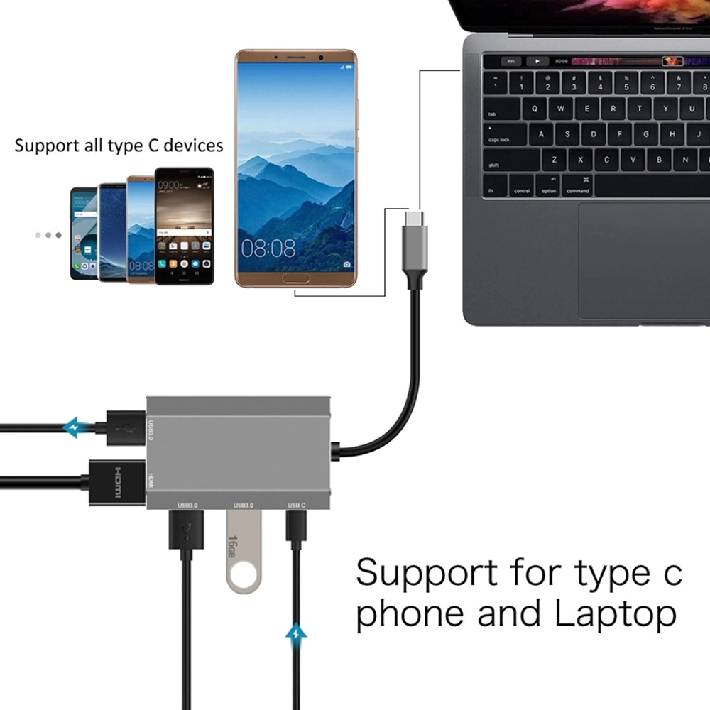 E-Sun Adaptador de acoplamiento de concentrador 5 en 1 tipo C USB C a 3.0 USB 4K UHD HUB para computadora portátil tipo C