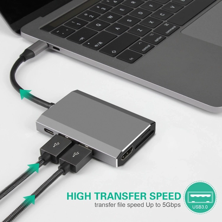 E-Sun 6 in 1 Type C USB C Hub Docking Adapter to 3.0 USB SD TF Card Reader 4K UHD HUB For Laptop
