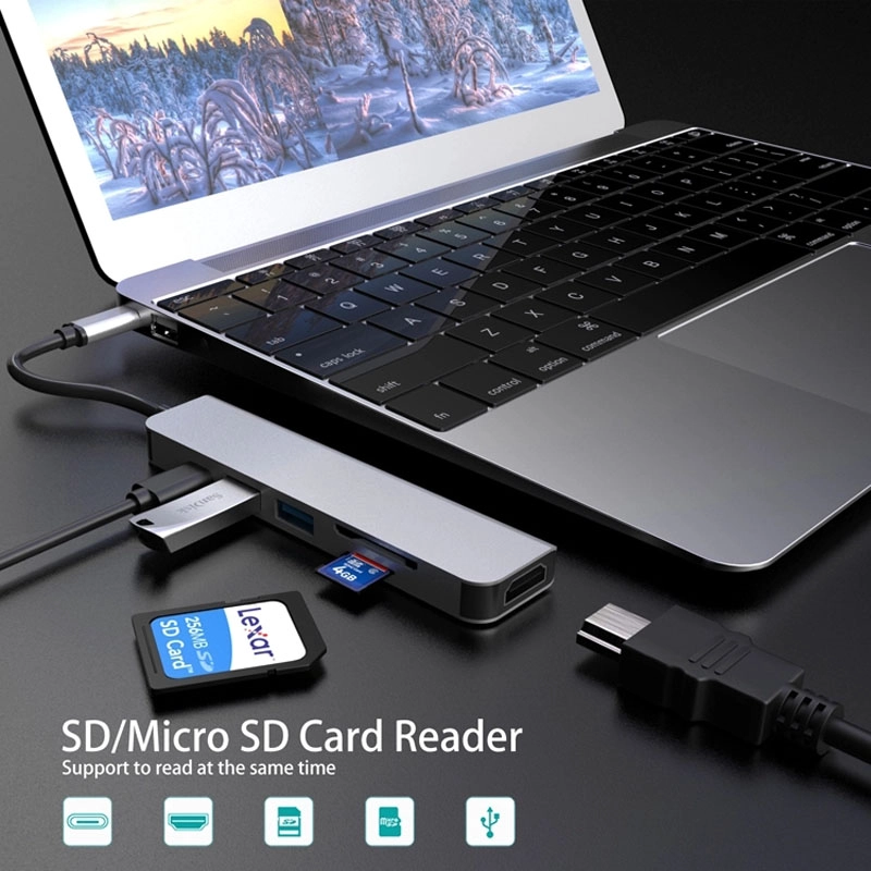 E-Sun 6 в 1 Тип C USB-концентратор-адаптер для подключения концентратора к 3.0 USB SD TF Card Reader и 4K UHDHUB для ноутбука