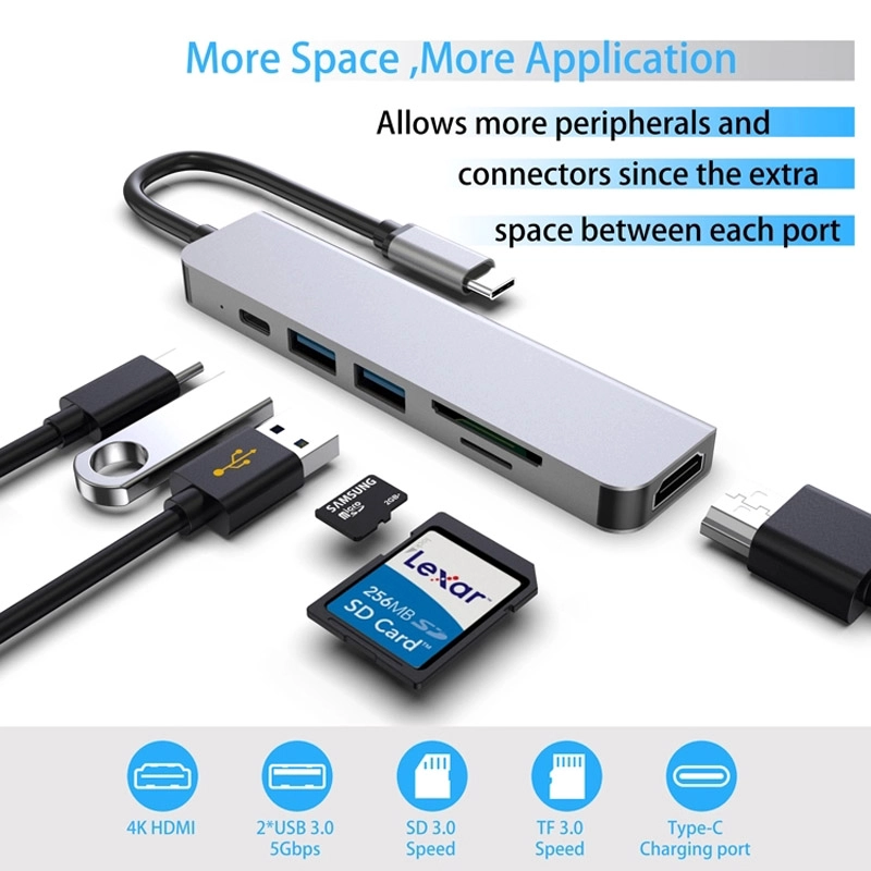 E-Sun 6 в 1 Тип C USB-концентратор-адаптер для подключения концентратора к 3.0 USB SD TF Card Reader и 4K UHDHUB для ноутбука
