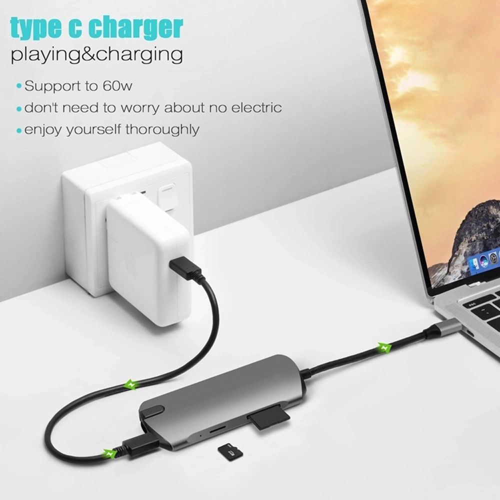 E-Sun 8 in 1 Type C USB C Hub Docking Adapter to 3.0 USB 4K UHD RJ45 SD&TF Card HUB For Type C Laptop