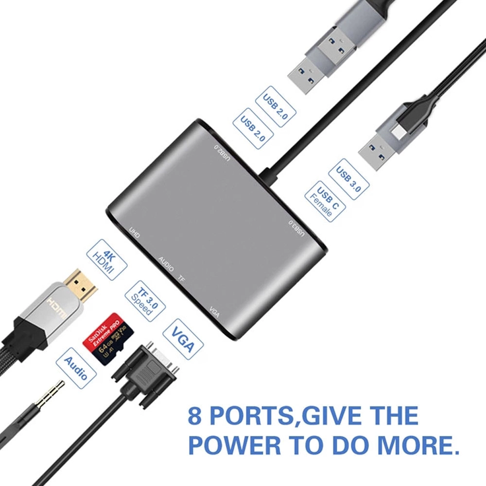 E-Sun 8 in 1 Type C USB C Hub Docking Adapter to 3.0 USB 4K UHD VGA SD Card & Audio HUB For Type C Laptop