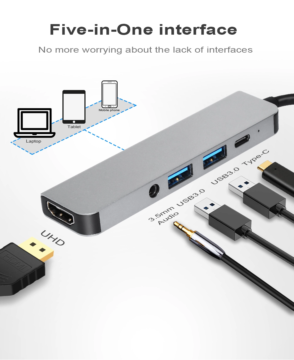 E-Sun USB C Hub Docking Station Adapter Hub 5 in 1Type C Hub with Audio Jack &2 USB 3.0 Ports & 4K UHD for Type-C Laptops