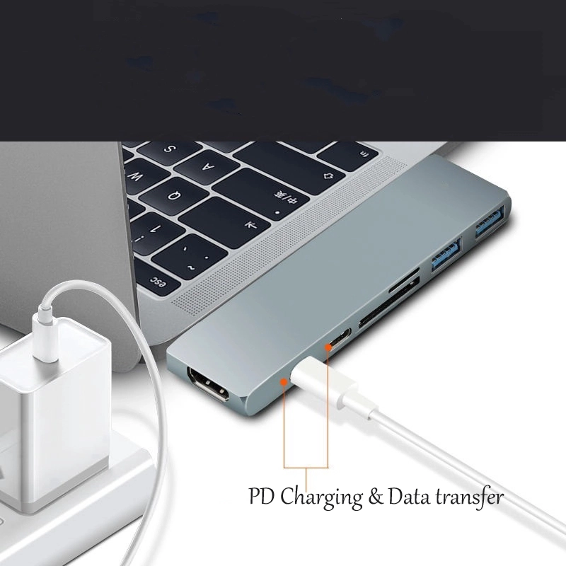 E-Sun Концентратор USB C Концентратор док-станции Концентратор 7 в 1 Концентратор типа C с SD / TF картой, 2 портами USB 3.0 и 4K UHD для ноутбуков Dual Type-C