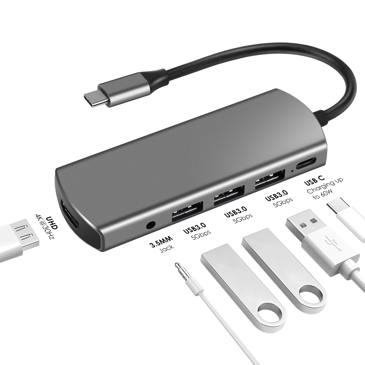 Hub USB C di tipo c multi-porta in alluminio con USB3.0 * 3 PD HDMI + dock audio per laptop di tipo C.