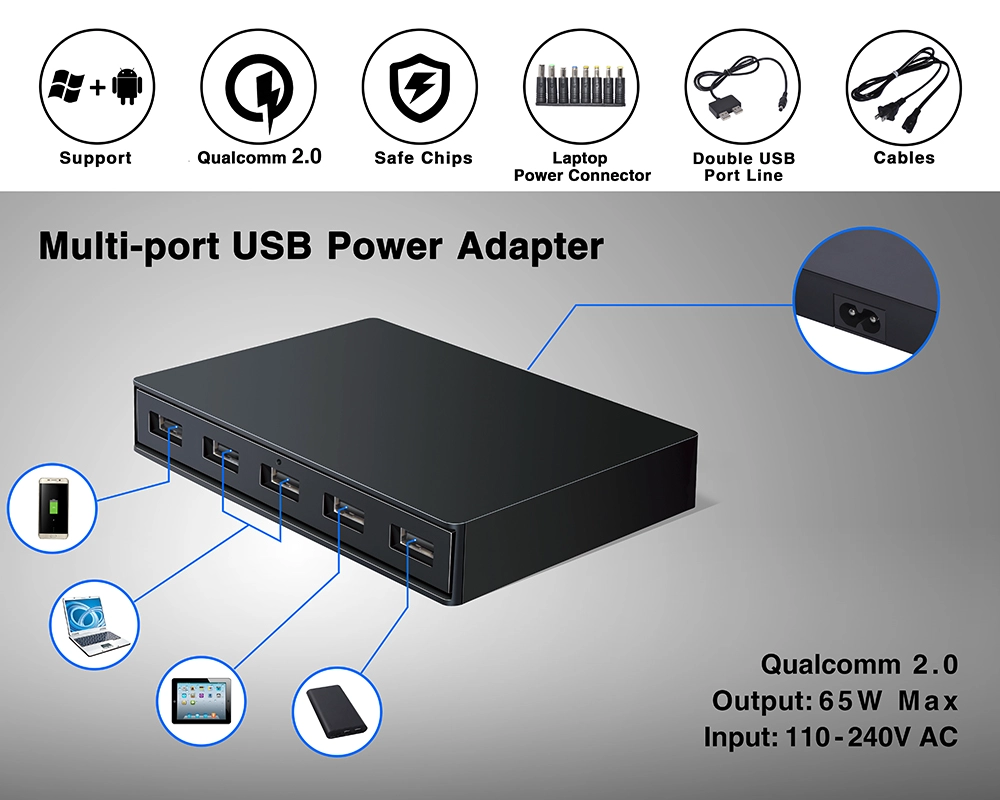 El adaptador con 5 puertos puede cargar el ordenador portátil, la tableta, el teléfono elegante al mismo tiempo.