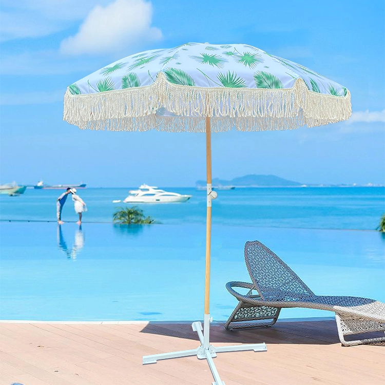 2022 New Arrival Customized Design Beach Wooden Umbrella with Tassel Beach Umbrella with Mat Sets