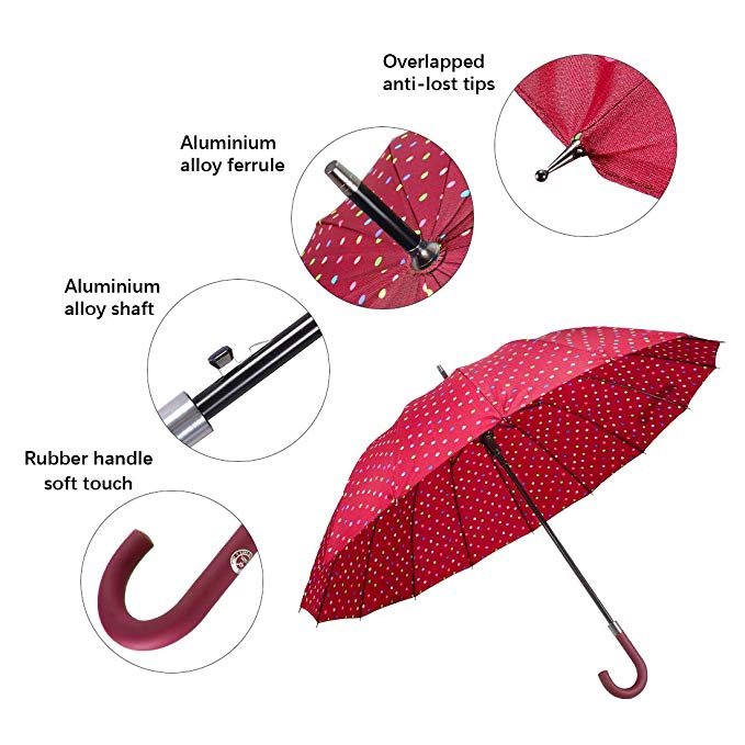 أحمر كلاسيكي 50 بوصة رقصة البولكا نقطة طباعة 16 الأضلاع التلقائي فتح المظلات عصا ماء Windproof مع J مقبض