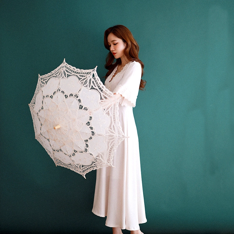 Lotus Bride Embroidery Cotton Wedding Lace umbrella in Wedding