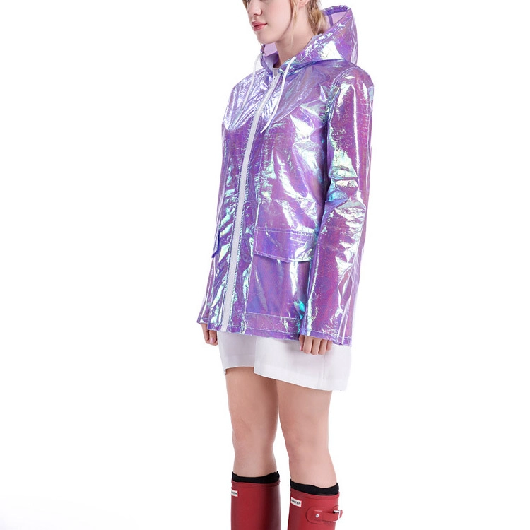 Wholesales fashion design metallic women holographic rain coat and color rain coat