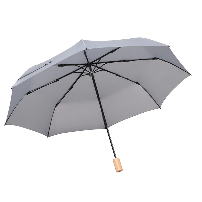 custom pongee fabric 3fold umbrella promotional rain umbrella wooden handle wholesale