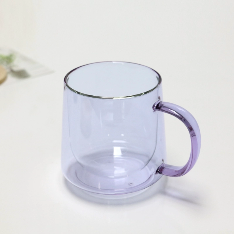 12oz Double Wall Glass Cup Coffee Heat Resistant High Borosilicate 360ml Purple Colored Double Wall Glass Mug