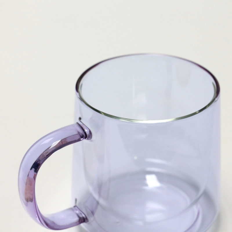 12oz Double Wall Glass Cup Coffee Heat Resistant High Borosilicate 360ml Purple Colored Double Wall Glass Mug