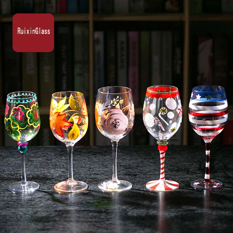 Funky copas de vino copas de vino mano pintura y proveedor de vasos de vino pintadas personalizada