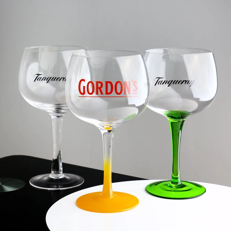 Hand blown crystal red wine cocktail balloon gin and tonic glasses with colored stem printed logo decals best gifts