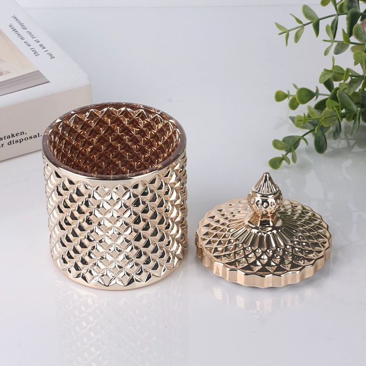 Hot Selling Customized Color 8oz 16oz Geo Cut Glass Candle Jar With Glass Lid