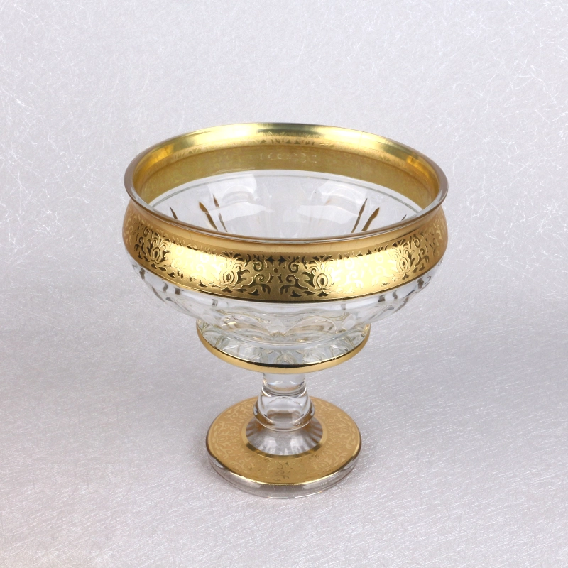 Wholesale Fast Delivery Uzbek Popular Bohemia Style Decorative Golden Plating Flowers Glass Fruit And Candy Bowl Set