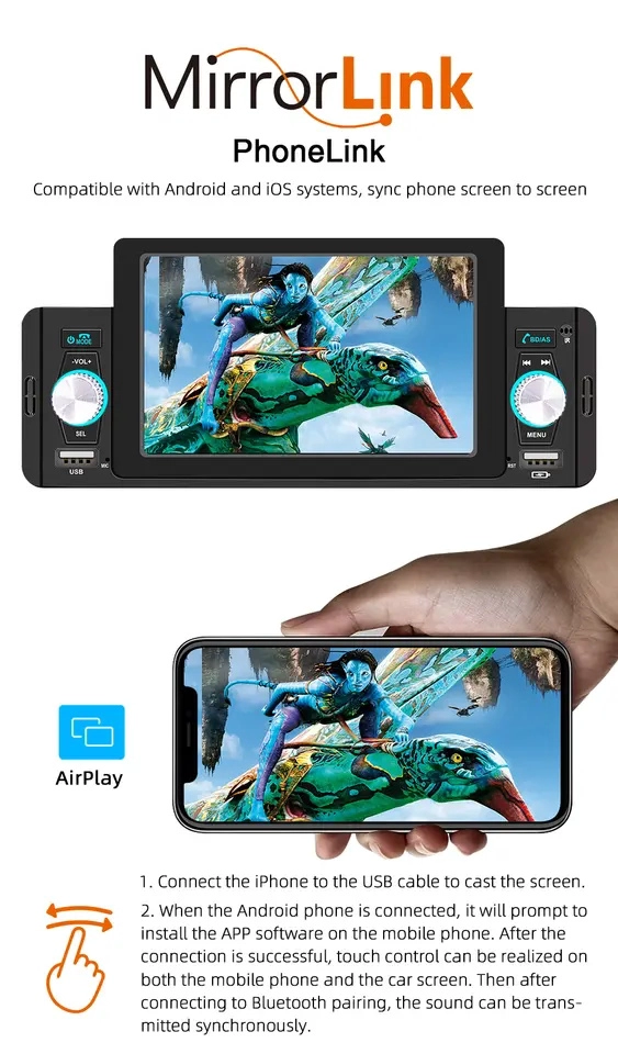 un lien de miroir d'écran de 5 pouces de 5 pouces vidéo Out Single 1 Din Car Mp5 Player Carplay Android Auto Car Radio Stéréo Video MP3 DVD