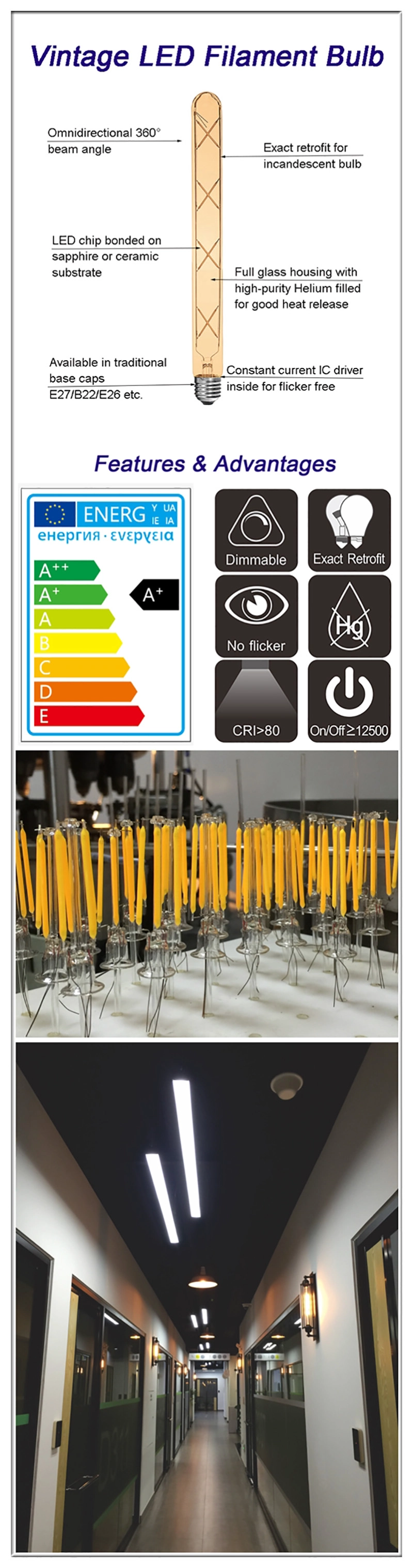 China tube shaped LED filament bulbs T30 7W