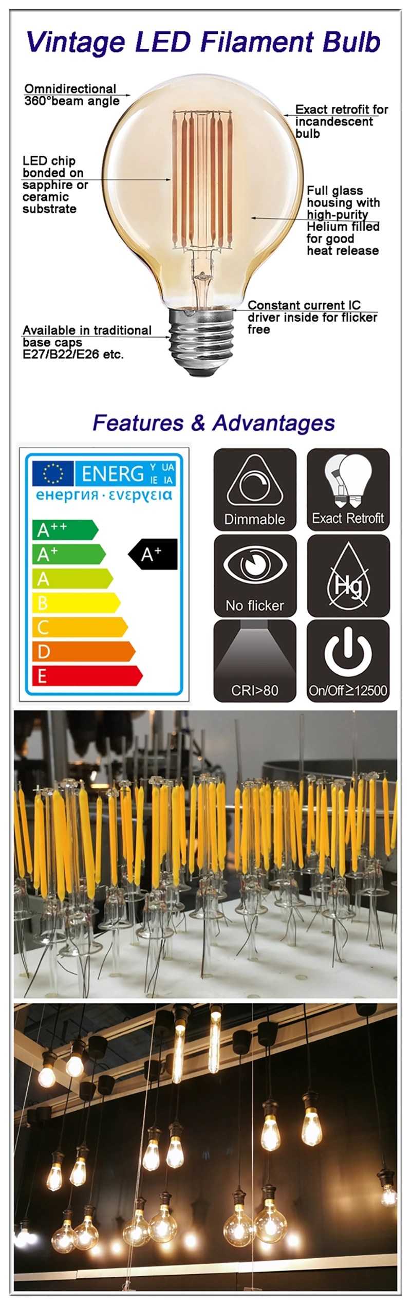 Dimmable LED globe filament bulbs
