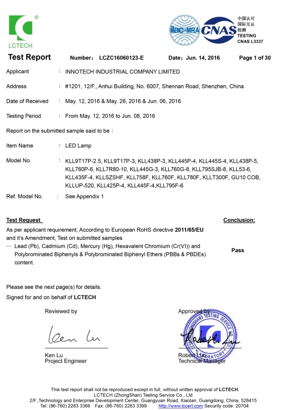 LED Filament light bulbs rohs test report RoHS