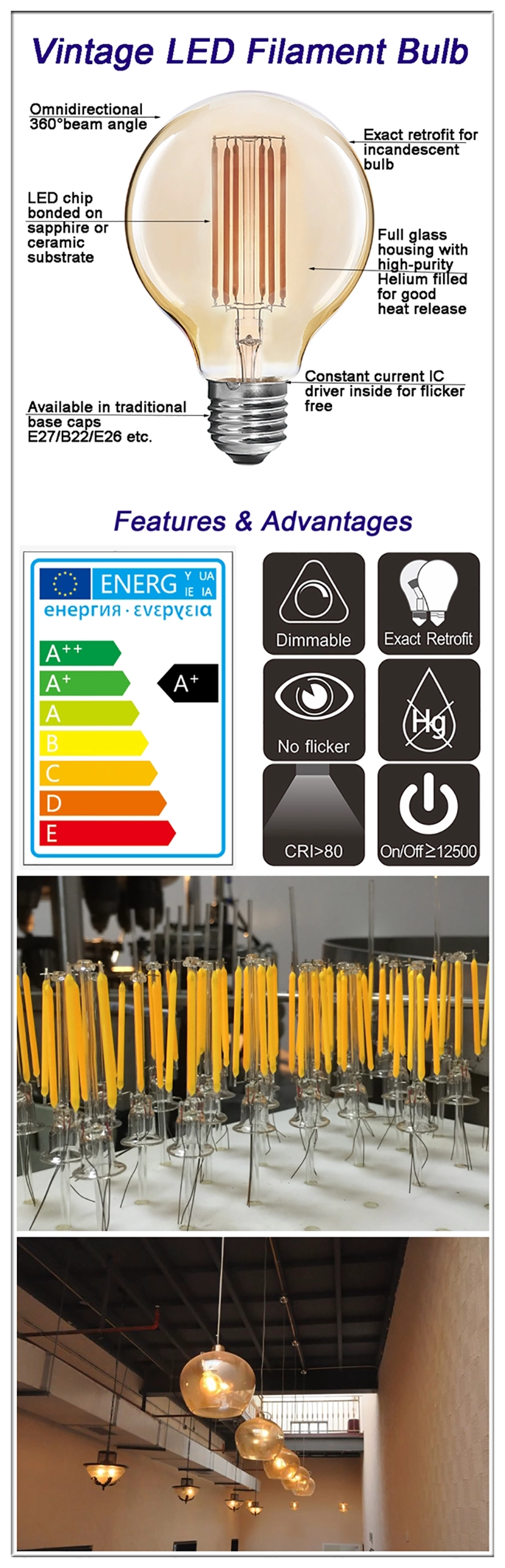 Globe G95 LED filament bulbs for home