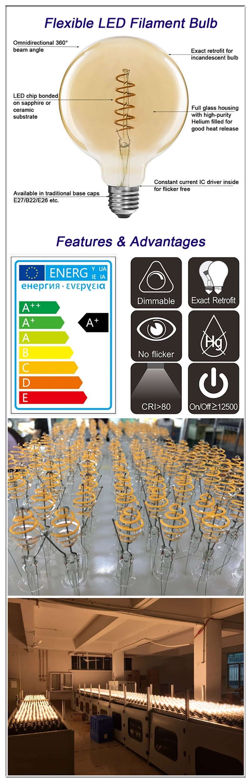 China flexible filament LED bulbs details
