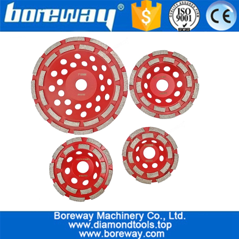 Product name: Diamond cup wheel Usage: Grinding concrete stone Size: 100mm 115mm 125mm 180mm Material: Artificial diamond Viscosity: Metal Bonded Bonding Agent: Metal Abrasive: Diamond Grit: 40-50#