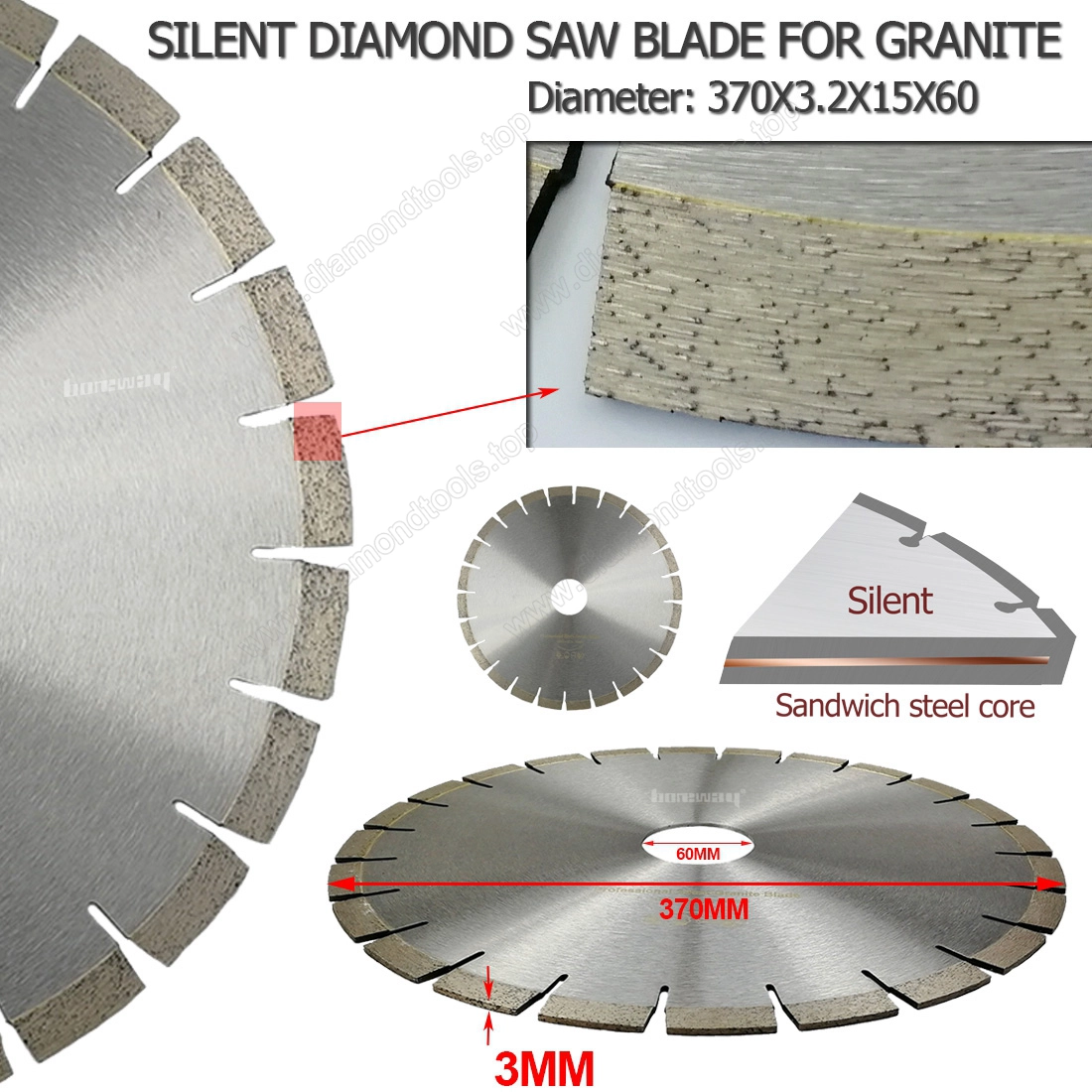 Diamond Silent Saw Blade Sandwich Steel core Granite cutting Disc Wheel Bore