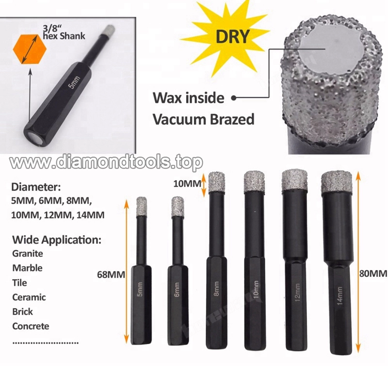 5mm-14mm Hex Shank Vacuum Brazed Diamond Core Drill Bits,Dry Drilling core Bits drill hole saw for stone