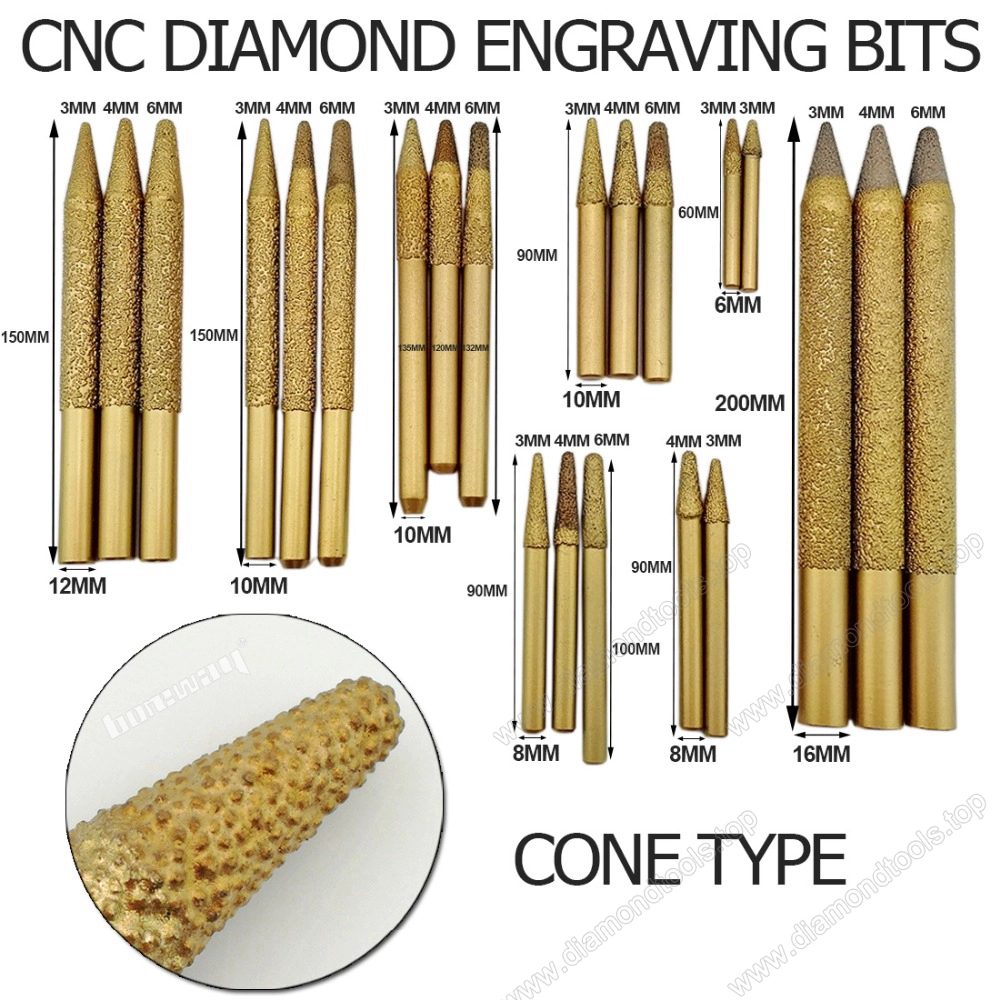 Boreway 6-3/20mm taper nose diamond burr vacuum brazed engraving bit for stone engraving machine