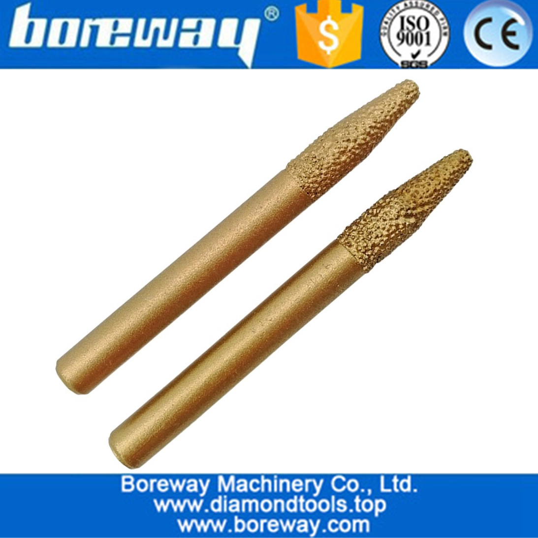 Boreway 6-3/20mm taper nose diamond burr vacuum brazed engraving bit for stone engraving machine