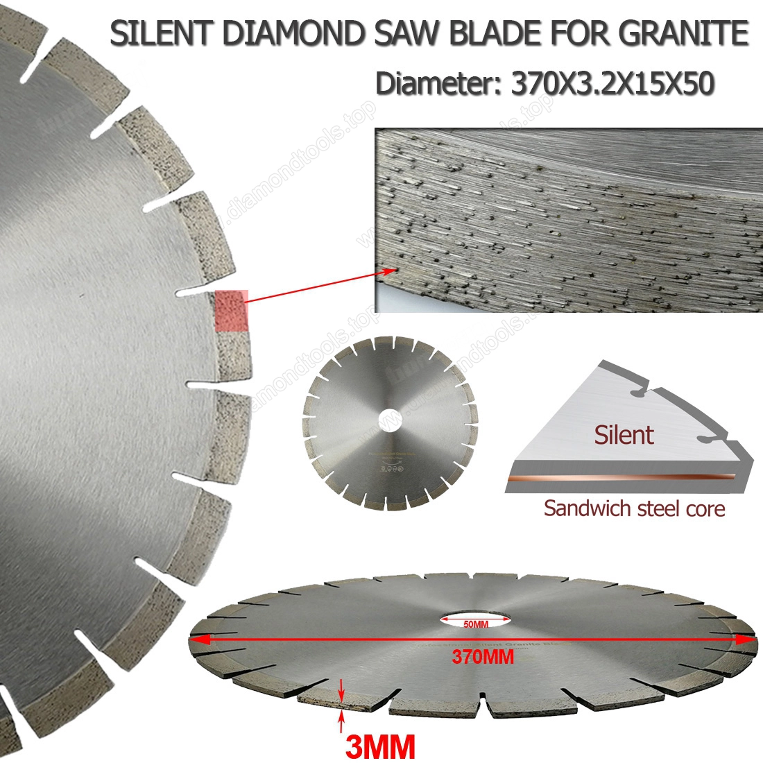 Dia.350 mm Calidad profesional Diamond Sils Saw Sandwich Sandwich Core de acero Corte de granito Rueda de disco de disco 50 mm 60 mm