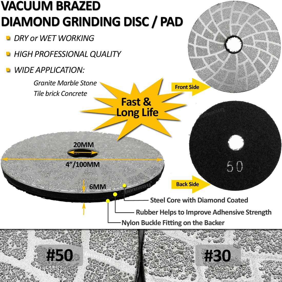 Approvisionnement d'usine Dia. Le disque de meulage de diamant brasé par vide de 4inch 100mm formant ou biseautant sec ou humide a utilisé la garniture abrasive