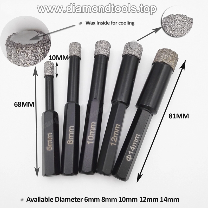 Hex Shank Vacuum Brazed Diamond Drill Core Bits Dry Drilling Bits 5PCS/Box Dia. 6mm+8mm+10mm+12mm+14mm