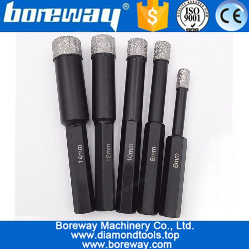 Hex Shank Vacuum Brazed Diamond Drill Core Bits Dry Drilling Bits 5PCS/Box Dia. 6mm+8mm+10mm+12mm+14mm